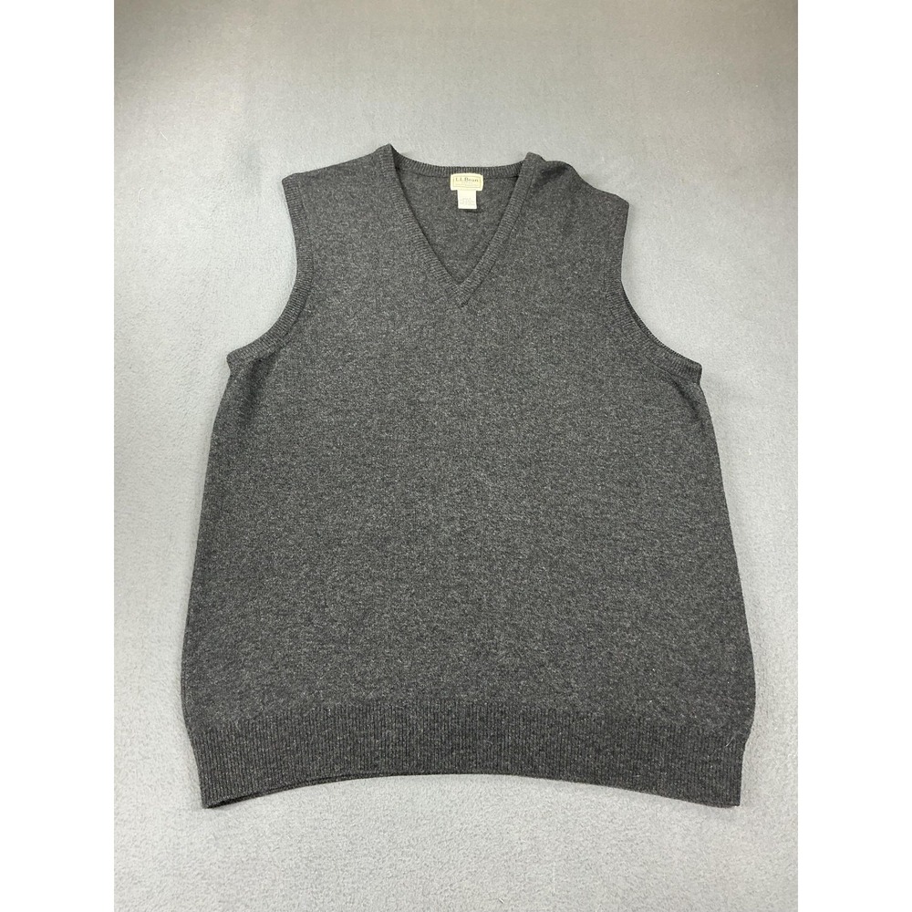 L.L.Bean Sweater Mens LT Gray 100% Lambswool Collarless V Neck Vest Made Latvia